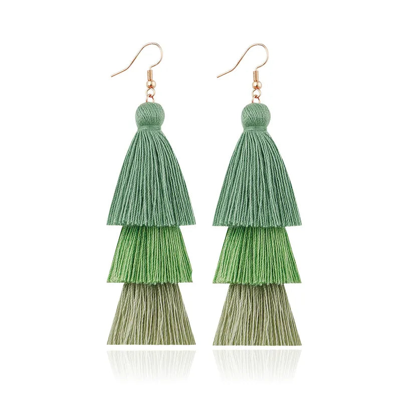 3 Layer Green Tassel Earrings